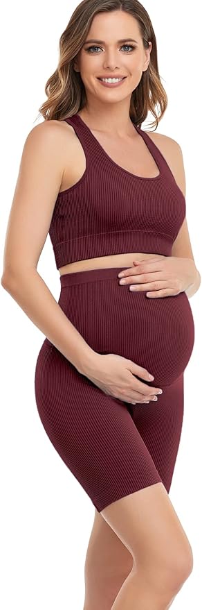 Women's Maternity 2 Piece Outfit Set - Bra & Shorts for Pregnancy - Yoga workout Lounge Wear Sets