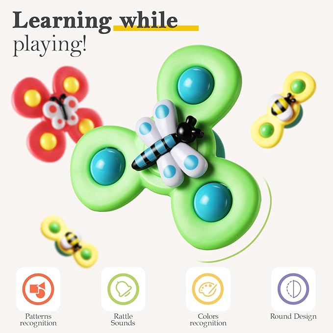 ALASOU 3PCS Suction Cup Spinner Toys for 1 Year Old Boy Girl|Spinning Top Infant Sensory Toys for Toddlers|1 2 Year Old Boy Christmas Birthday Gift|Baby Bath Toy Stocking Stuffers for Kids Ages 1-3