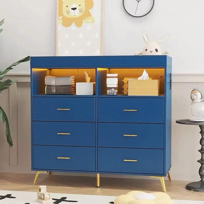 GarveeHome Dresser for Bedroom with 6 Drawers, Baby Changing Table Dresser with Changing Pad, LED Lights & Charging Station, Baby Changing Station with Changing Table Top