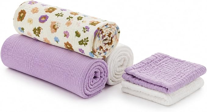 RILIHO 5 Pack Muslin Swaddle Blankets & Baby Burp Cloths, Soft & Breathable by RILIHO