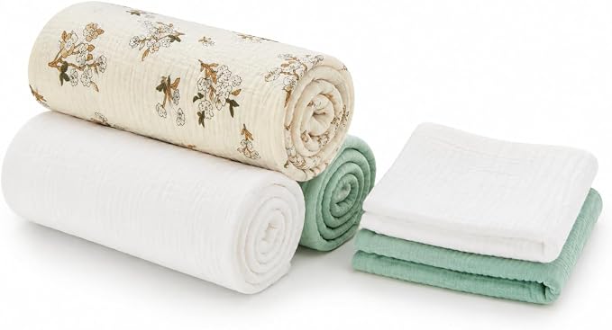 5 Pack Muslin Swaddle Blankets & Baby Burp Cloths, Soft & Breathable Cotton by RILIHO
