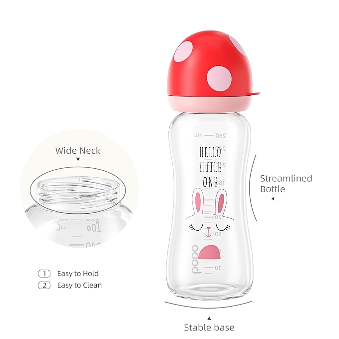 YOHKOH Natural Glass Baby Bottle with Natural Response Nipple, Newborn Anti-Colic Baby Bottles, Wide Neck Mushroom Cap Baby Bottle, Clear (8.8ounce (Pack of 4), Multicolour1)