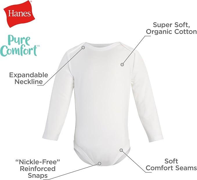 Hanes Baby Pure Comfort Long Sleeve Bodysuits, Infant Bodysuits, Boys & Girls - Image 3