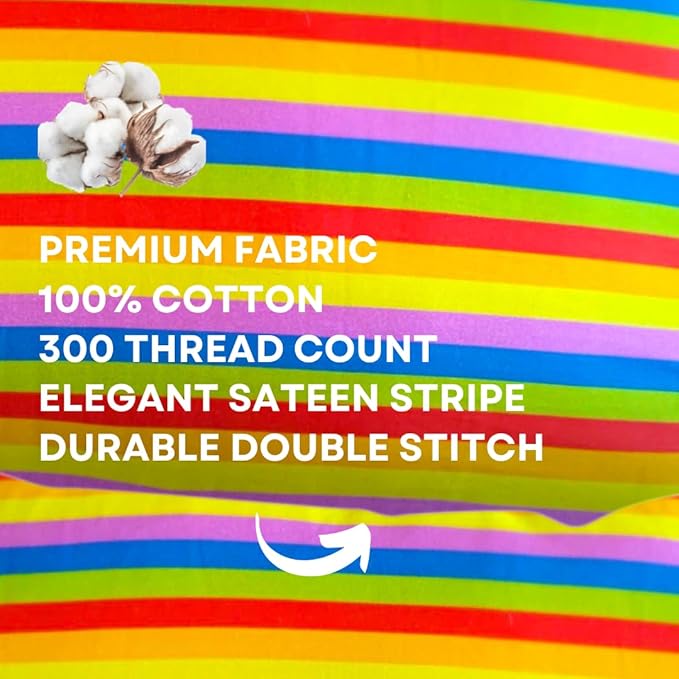 kinder Fluff Children Pillow (2Pk) 10x15in – First Pillow for Kids Age 2+, Bright Rainbow Design, 100% Cotton Sateen Stripe 300T, Down Alternative Fill, Machine Washable, Colourful Kids Cushion XS