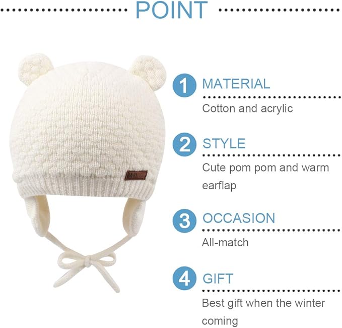 BAVST Baby Beanie Hat for Winter with Earfalp Cute Bear Kids Toddler Girls Boys Warm Knit Cap 0-2Years