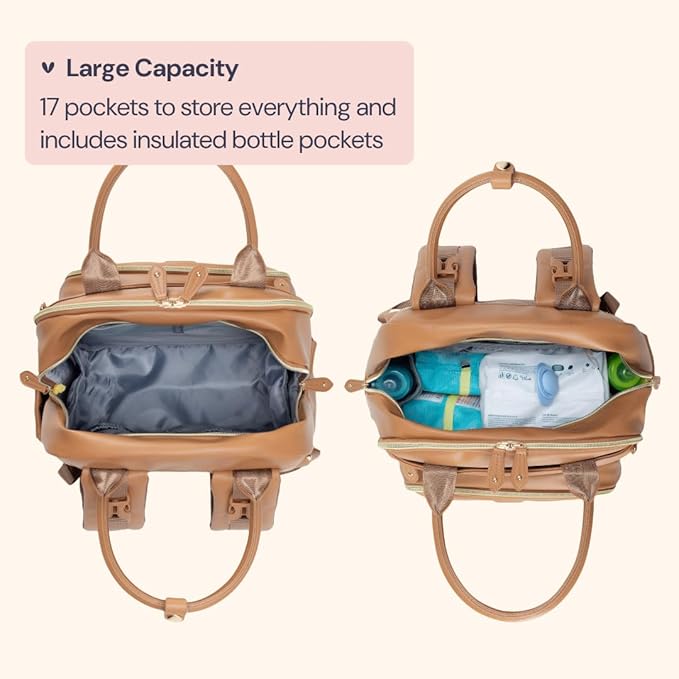 BabbleRoo Leather Diaper Bag Backpack - Baby Essentials Travel Baby Bag, Multi function, Water Resistant, with Changing Pad, Stroller Straps & Pacifier Case – Unisex, Light Brown