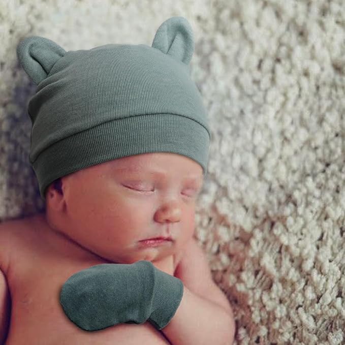 BQUBO Newborn Baby Bear Ears Hats and Mittens Sets Preemie Cotton Caps Baby Boy - Image 2