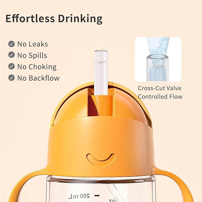 Evorie Tritan Weighted Straw Sippy Cup with Handles for Baby and Toddlers, Spill Proof Baby Water Bottle with Straw for 6 months and up, 7 Oz, Infant Training Water Bottle (Apricot)