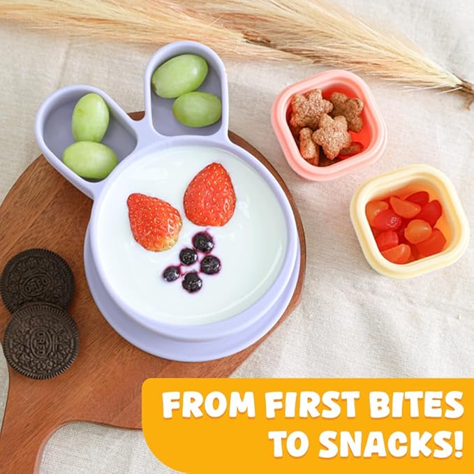 Baby Plates with Suction - Self-Feeding Tools for Baby - Made in Korea - Suction Plates Feeding Essentials - Ideal Baby Food Plates - Perfect Design for Toddlers (Pink, Rabbit)