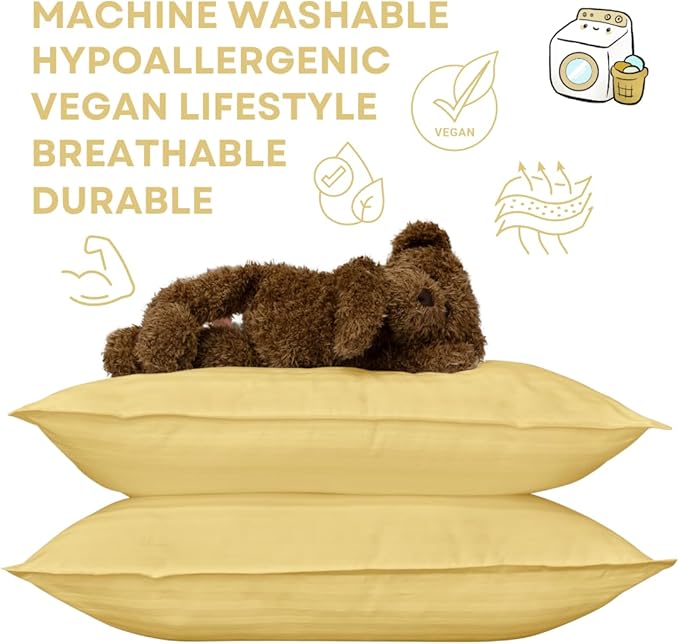 kinder Fluff Children Pillow (2Pack) 14x20in - Junior Pillows for Kids Age 4+, 100% Cotton Sateen Stripes Shell 300T, Down Alternative Fill, Machine Washable - Children & Travel Cushion - Yellow - M