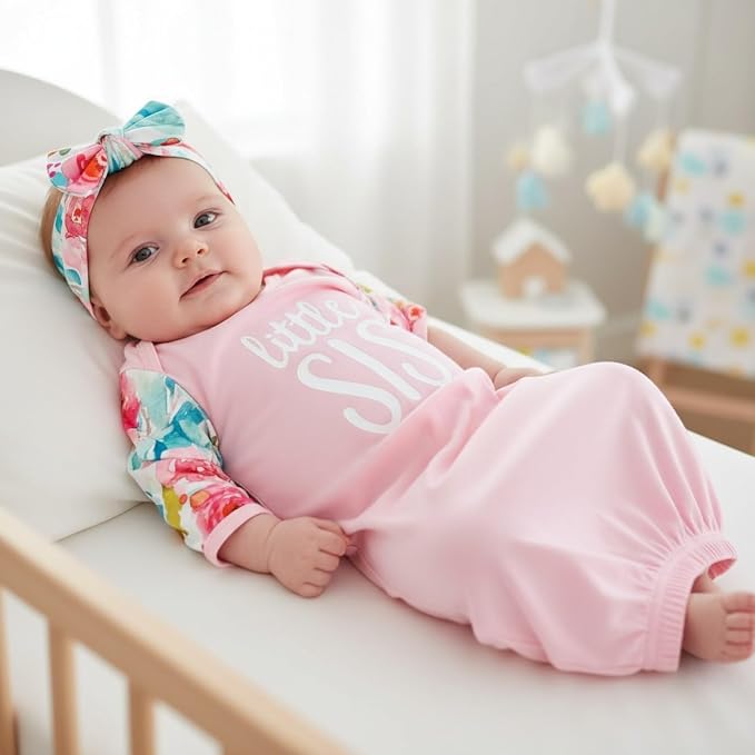 AMAWMW Newborn Baby Girl Little Sister Sleeper Gown Stripe Long Sleeve - Image 2