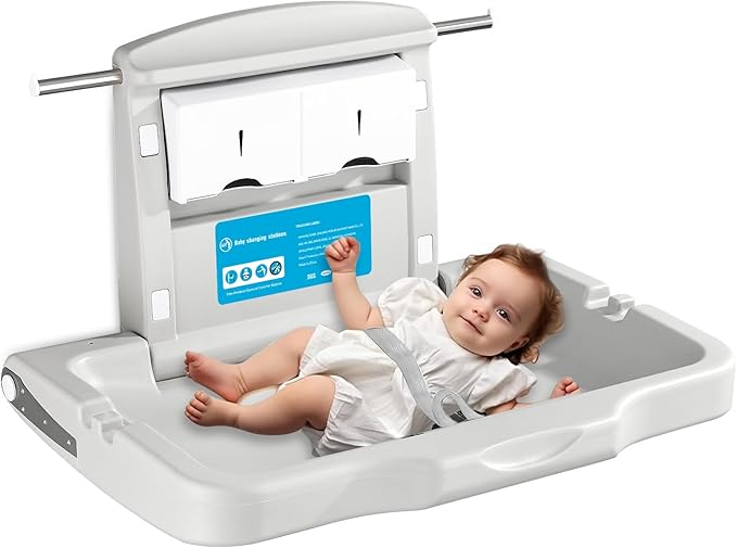 Baby Changing Station Wall Mounted: Horizontal Diaper Changing Table Foldable Diaper Tables with Safety Strap, ADA Complaint for Commercial Bathroom/Nursery/Public Restroom