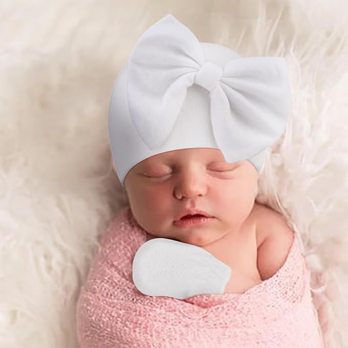 Newborn Baby Hats and Mittens Set Infant Bow Beanie Cap Toddler Gloves Newborn - Image 3