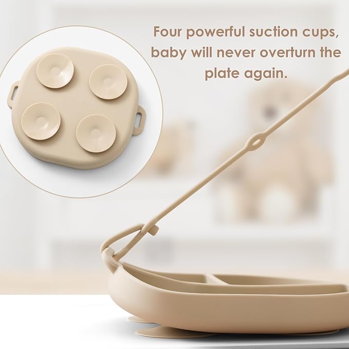 Andy Bear Silicone Plates for Babies with Suction Divided Baby Spoons Silicone Baby Toy Straps All-in-one Plates Silicone Placemat for Babies Toddlers Attachable Tethers & Built-in Suction Cups-Sage