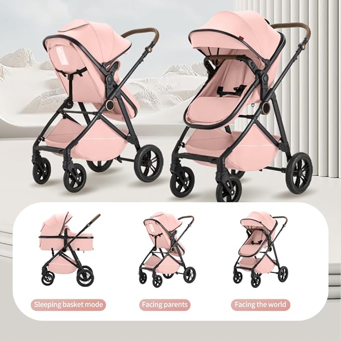 2 in 1 Baby Stroller, High Landscape Infant Stroller Pram Foldable Pushchair with Adjustable Canopy, Storage Basket,5-Point Harness,Mom Bags (Brown)