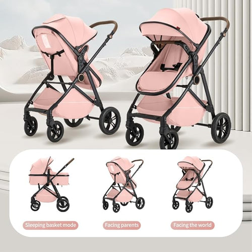 2 in 1 Baby Stroller, High Landscape Infant Stroller Pram Foldable Pushchair with Adjustable Canopy, Storage Basket,5-Point Harness,Mom Bags (Brown)