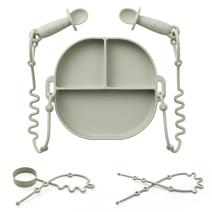 Andy Bear Silicone Plates for Babies with Suction Divided Baby Spoons Silicone Baby Toy Straps All-in-one Plates Silicone Placemat for Babies Toddlers Attachable Tethers & Built-in Suction Cups-Sage