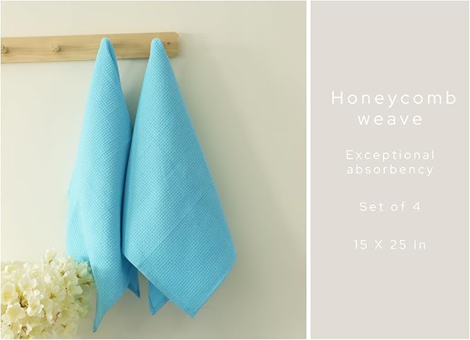 PurpleEssences Waffle Weave Kitchen Towel, 100% Cotton - 15 x 25 Inches, with Hanging Loop Ultra Soft Absorbent Quick Drying Dish Cloth, Tea and Hand Towels, 4 Pack -Fall Thanksgiving - Aqua Blue