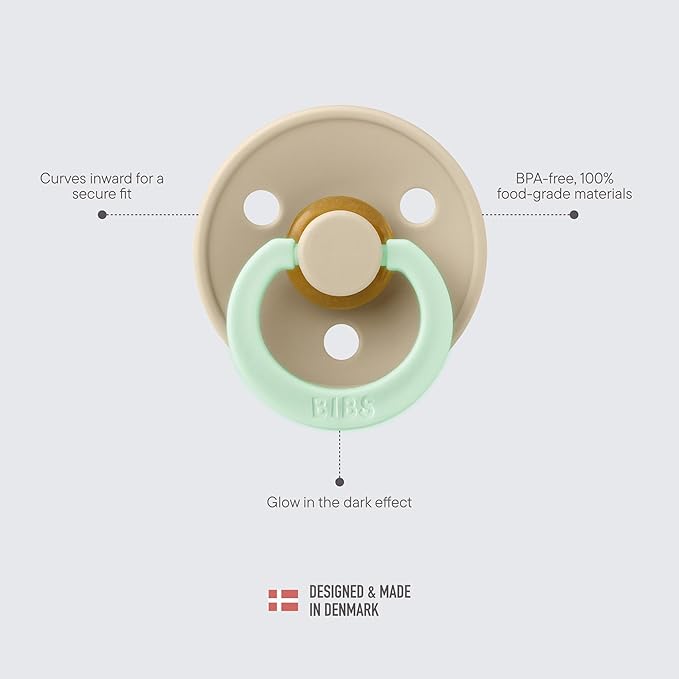 BIBS Colour Night Glow in The Dark Soother 2-Pack, BPA Free Dummy Pacifier, Round Nipple. Natural Rubber Latex, Made in Denmark, Size 2 (6-18 Months), Blush Glow/Woodchuck Glow