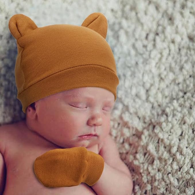 BQUBO Newborn Baby Bear Ears Hats and Mittens Sets Preemie Cotton Caps Baby Boy - Image 2