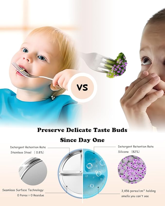 Stainless Steel Toddler Plate with Suction, 8” Divided Plates with Removable Silicone Sleeves for Baby, Non Toxic Unbreakable Kids Snack Dishes Set of 4, Sage Blue Gray Navy