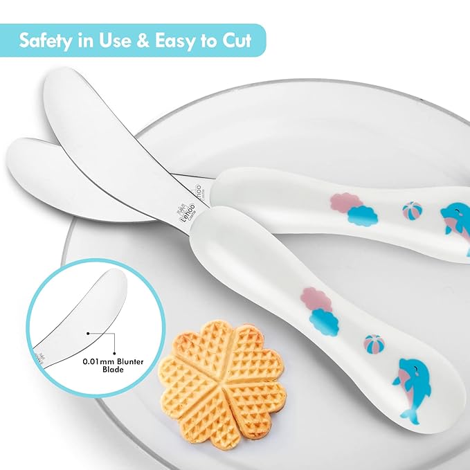 Lehoo Castle 6 Pieces Toddler Utensils, Kids Silverware for 2 3 4 Years Old, Stainless Steel Knife Fork and Spoon Set with Plastic Handle, Safe Toddler Cutlery (Blue)