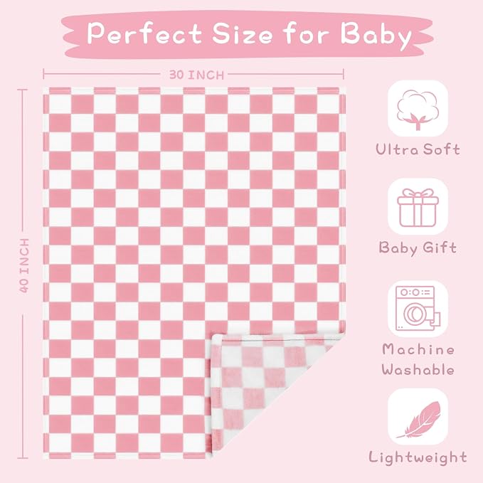 Yurhap Checkered Baby Blanket for Girls Pink Fleece Baby Blankets for Girls Boys - Image 4