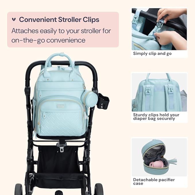 BabbleRoo Leather Diaper Bag Backpack - Baby Essentials Travel Baby Bag, Multi function, Water Resistant, with Changing Pad, Stroller Straps & Pacifier Case – Unisex, Powder Blue