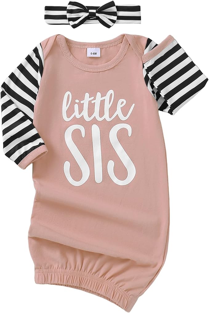 AMAWMW Newborn Baby Girl Little Sister Sleeper Gown Stripe Long Sleeve by AMAWMW