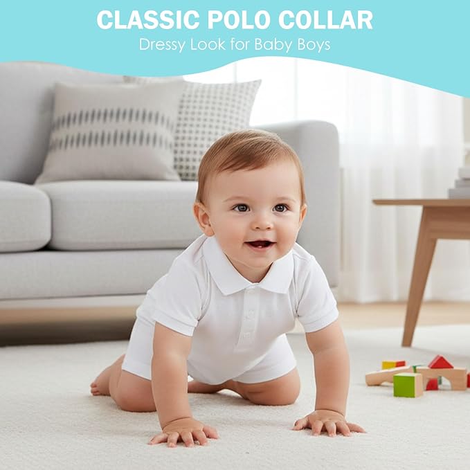 DEFAHN Baby Boy Polo Romper Short Sleeve Collared One-Piece Outfit 0-24M - Image 5