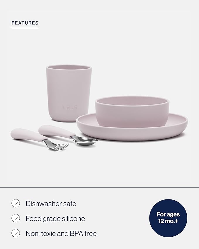 Lalo Big Bites Kids Dinnerware Starter Set - Dishwasher Safe, BPA Free, Kids Tableware Set - Includes Stackable Bowl, Plate, Utensils & Cup - 5 Pieces - Lavender