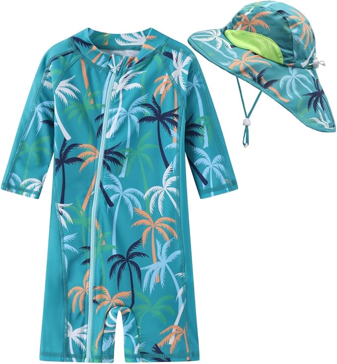 Toddler Baby Boys Swimsuit Rashguard One Piece Zipper Bathing Suit with Sun Hat Infant Swimwear Sunsuit UPF 50+