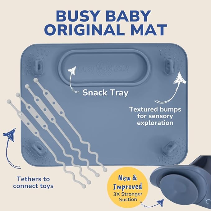 BUSY BABY Silicone Mat Bundle - 1 Original Mat Plus 1 Mini Mat, New Stronger Suction Cups, 6 Straps to Secure Baby Essentials and Keep Them Off The Floor, Baby Led Weaning, Wet Bag Included (Pink)