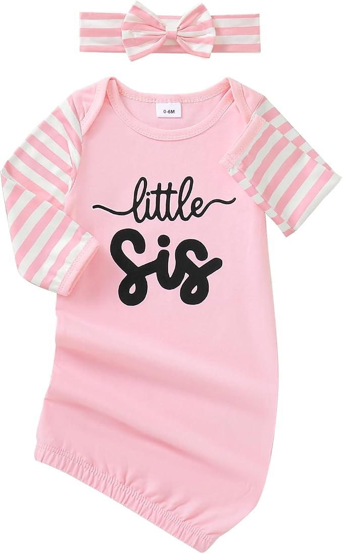 AMAWMW Newborn Baby Girl Little Sister Sleeper Gown Stripe Long Sleeve by AMAWMW