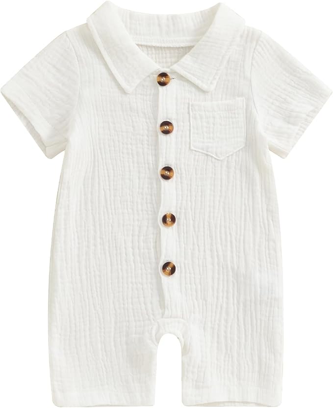 Honganda Summer Baby Boy Cotton Linen Jumpsuit Short Sleeve Button Down by Honganda