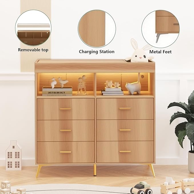 GarveeHome Dresser for Bedroom with 6 Drawers, Baby Changing Table Dresser with Changing Pad, LED Lights & Charging Station, Baby Changing Station with Changing Table Top