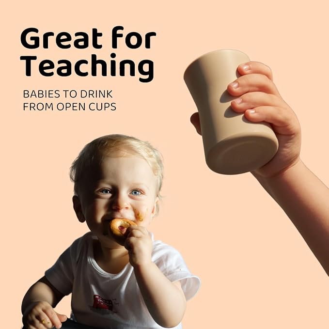 APLAINR Grip Cup, Silicone Open Training Cup for Baby and Toddler, 3 fl oz, Easy Grip, Non-Slip, Heavy Base, Microwave & Dishwasher Safe, No BPA, Pack of 2, Oat Cream