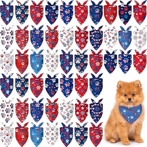 50 Pcs 4th of July Dog Bandanas Bulk Patriotic Paw Prints Pattern by Jeere