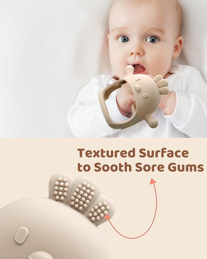 3 Packs Baby Teething Toy Silicone Teething Mitten for Babies Over 3 Months Anti Dropping Wrist Hand Teethers Baby Chew Toys for Sucking Needs, BPA Free (Pink, Caramel & Coral Red)