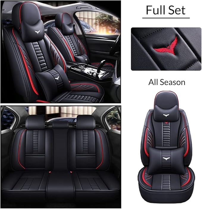 Full Set of Universal Fit Automotive Seat Covers fit for Suzuki 1999-2025 95% Models, PU Leather Automobile Interior Sets with Headrest & Back Pillow Black & Red Line