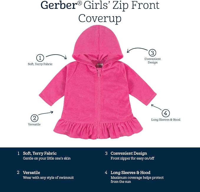 Gerber Baby & Toddler Girls Zipper Hoodie Terry Swimsuit Cover Up - Image 6