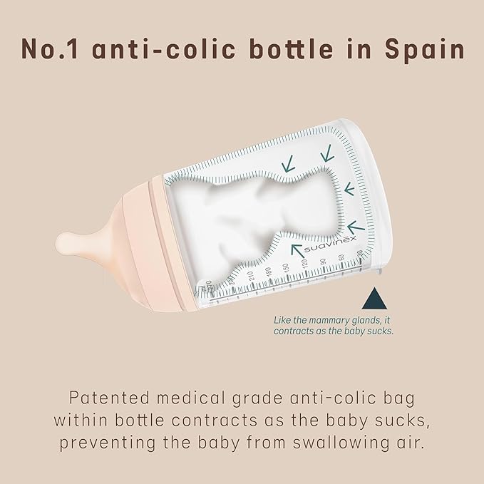 Suavinex Zero Zero Anti Colic Baby Bottle, No 1 Spanish Baby Bottle Brand, Minimizes Bottle Rejection & Nipple Confusion, Perfect for Breastfeeding Babies, 2 PK 9 oz, Fair Tone, Medium Flow