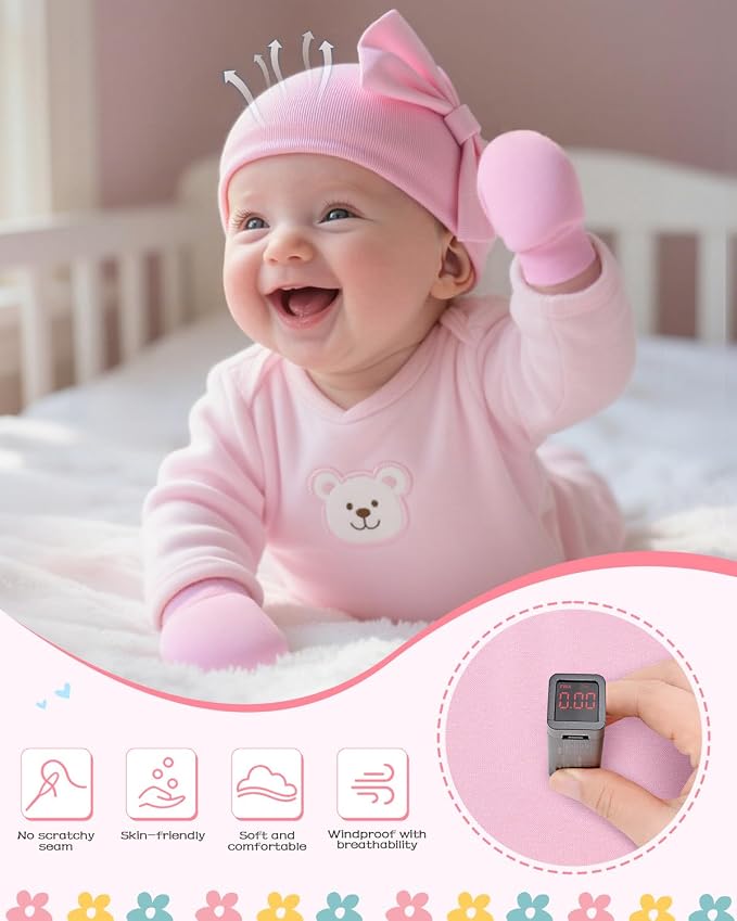 Newborn Baby Girl Hats and Mittens Set, Hospital Hat, Bow Beanie Infant Gift - Image 4