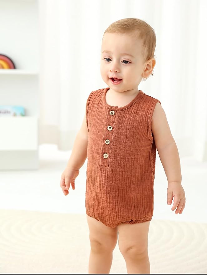 Baby Boy Romper 3 Pack Sleeveless Cotton Linen Tank Top Bodysuit | Breathable - Image 4