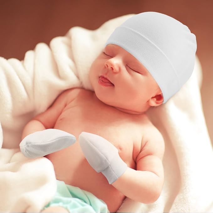 BQUBO Baby Hats and Mittens Infant Cotton Beanie Gloves No Scratch Set Newborn - Image 3
