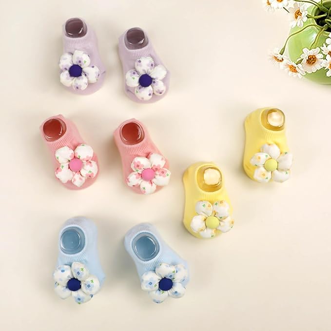 4Packs Baby Girls Socks, Flower Non-Slip Grips - Image 6