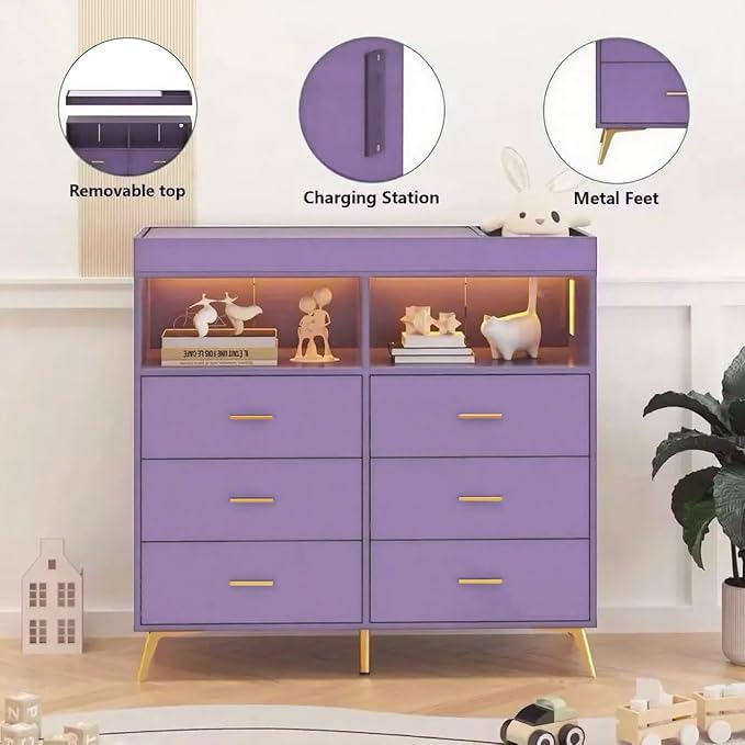 GarveeHome Dresser for Bedroom with 6 Drawers, Baby Changing Table Dresser with Changing Pad, LED Lights & Charging Station, Baby Changing Station with Changing Table Top
