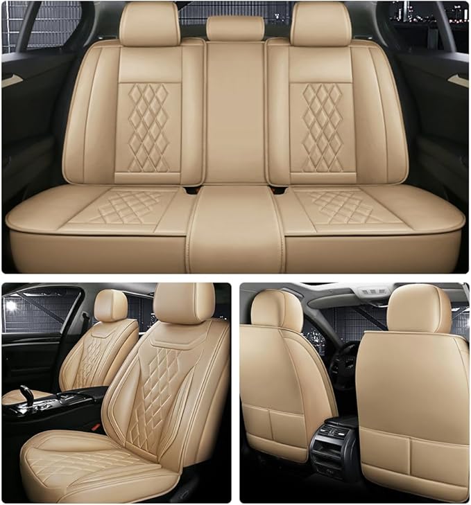 Leather Car Seat Covers for Volkswagen Atlas 2019-2023 Waterproof,Breathable and Non-Slip Napa Leather Car Interior Seat Covers,Comfortable and Durable,Easy to Install(5PCS Comfort,Beige)
