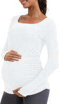 MathCat Maternity Long Sleeve Shirt with Thumbleholes, Maternity Tops Squar Neck Side Ruched Pregnancy Yoga Casual Tee