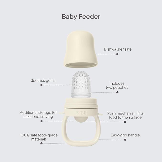 BIBS Baby Feeder with 2 Silicone Nipples, Compatible with Freezer Tray, Easy-Grip, BPA-Free - Ideal for Teething & Self-Feeding, 4+ Months - Ivory